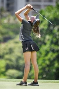 Myah McDonald reacts to a near miss birdie putt on the 4th hole today on the Kai Course